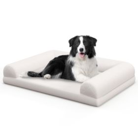 Egg-Foam Dog Crate Bed with 3-Side Bolster and Removable Washable Bed Cover (Color: Beige)